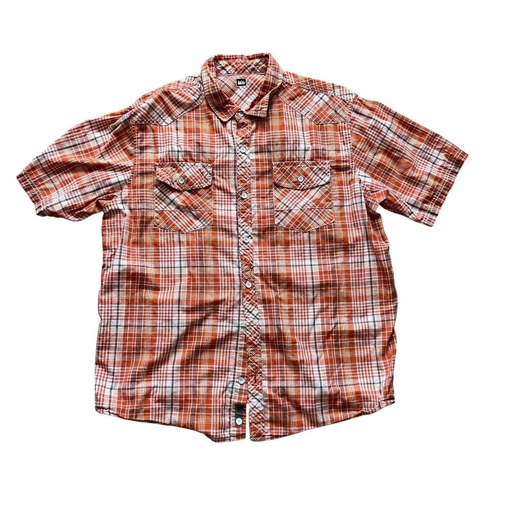REI Mens XL‎ Orange Plaid Short Sleeve Button Down Western Cotton Shirt